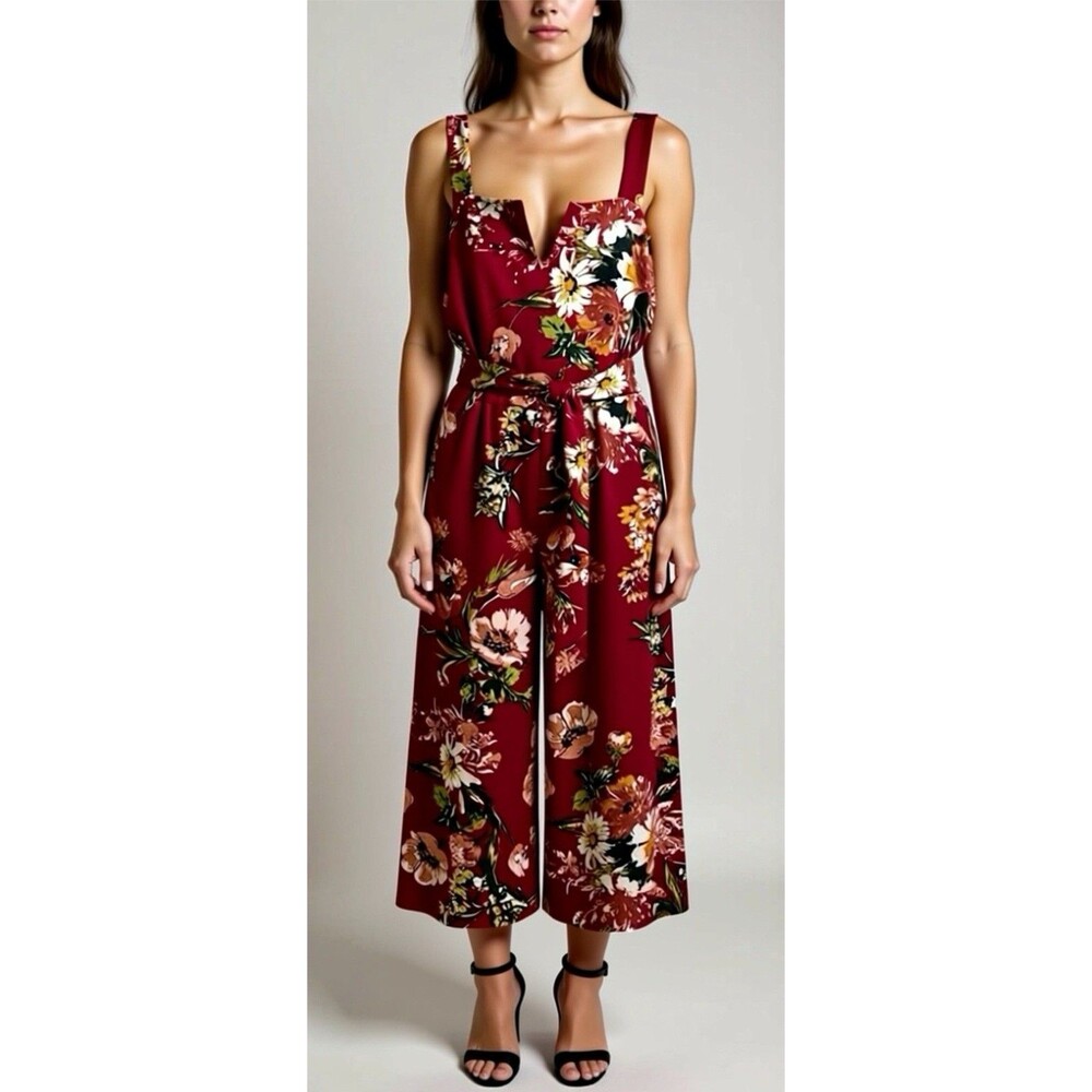 Burgundy Retro Style Floral Cropped Jumpsuit Women’s Large Resort Summer Party